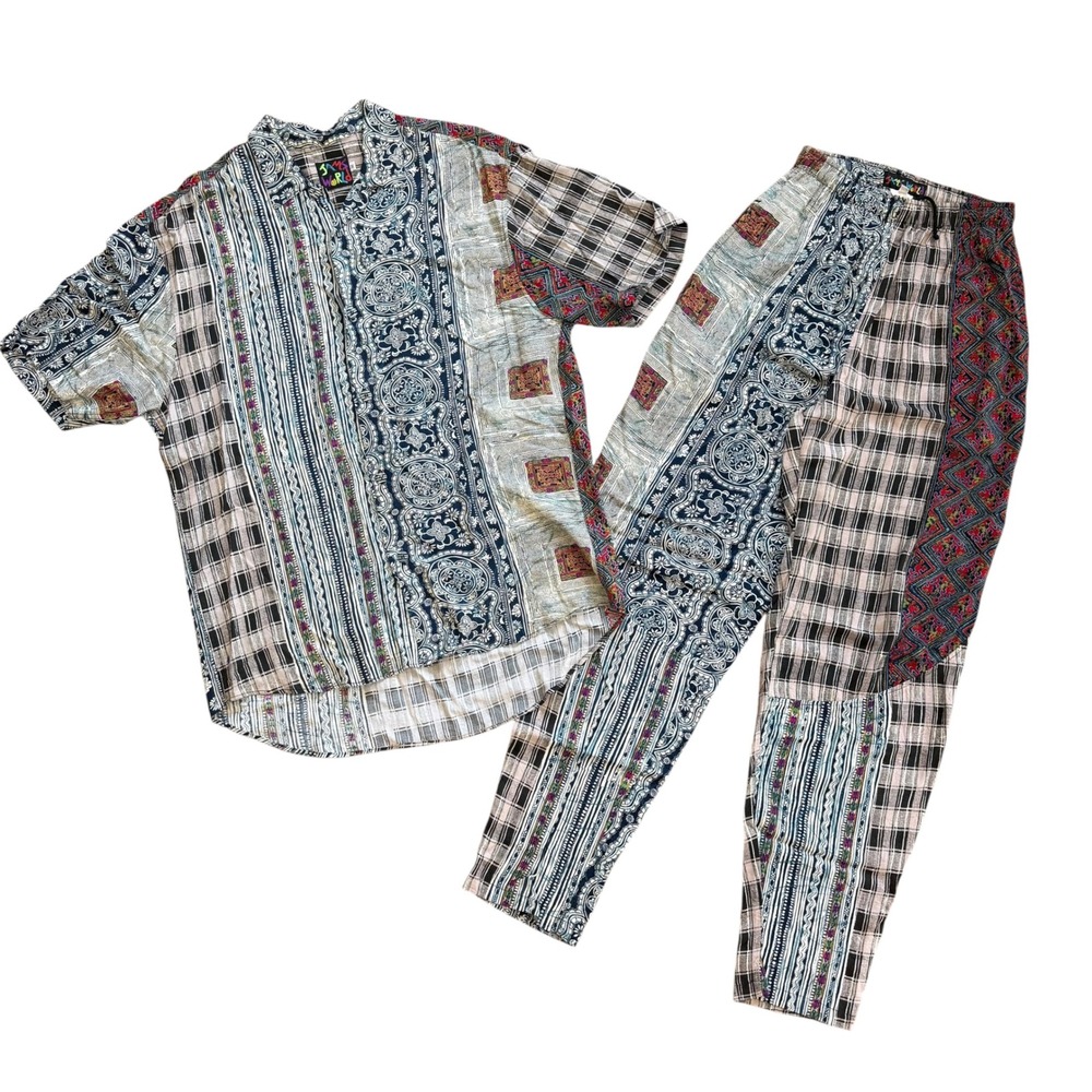 Jams World Patchwork Print 2 Piece Set Shirt M Pants S Paisley Plaid Multi Color